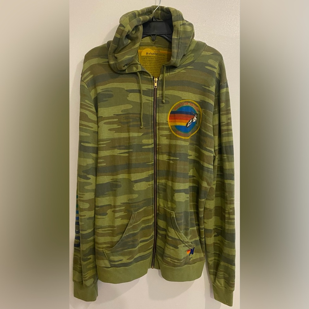 AVIATOR NATION Zip front Hoodie Size XXL Army print with multi color logo - Picture 3 of 5